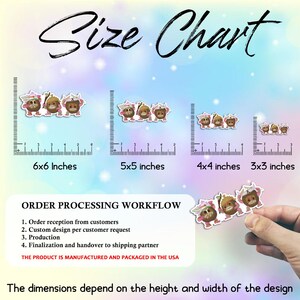 Op de afbeelding: Maattabel met stickerformaten: 15,24 x 15,24 cm, 12,7 x 12,7 cm, 10,16 x 10,16 cm en 7,62 x 7,62 cm. De tabel bevat een workflow voor orderverwerking en vermeldt dat het product in de VS wordt vervaardigd en verpakt. De afmetingen zijn afhankelijk van het ontwerp.