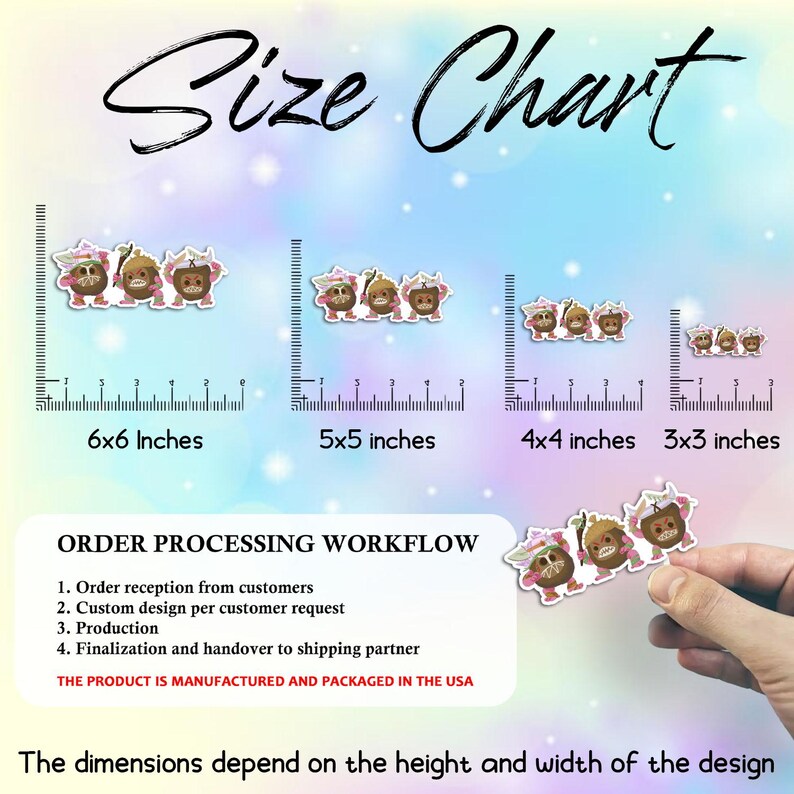 Op de afbeelding: Maattabel met stickerformaten: 15,24 x 15,24 cm, 12,7 x 12,7 cm, 10,16 x 10,16 cm en 7,62 x 7,62 cm. De tabel bevat een workflow voor orderverwerking en vermeldt dat het product in de VS wordt vervaardigd en verpakt. De afmetingen zijn afhankelijk van het ontwerp.