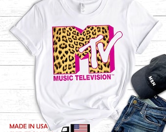 Camiseta clásica de MTV con estampado de leopardo y logo llamativo para mujer, camiseta con logo de MTV Music Television, camiseta retro de MTV de los años 80 y 90, camiseta familiar a juego de Disneyland