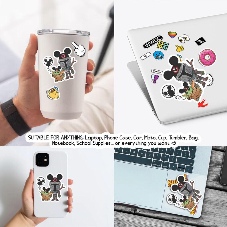 May include: A vinyl sticker featuring a character wearing a Mandalorian-style helmet with Mickey Mouse ears, accompanied by a small green creature in a robe. The sticker includes a black Mickey-shaped balloon and is shown applied to a tumbler and laptop.