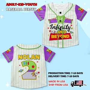 May include: White and green pinstriped baseball jersey with purple sleeves. The front features the text "Infinity and Beyond" with rocket and planet graphics. The back has the name "NOLAN" and the number "2".