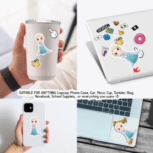 May include: A selection of stickers with cartoon characters and symbols. The stickers are displayed on a laptop, phone, and a tumbler. The stickers include a cartoon princess in a blue dress, a Mickey Mouse hand, and other colorful designs.