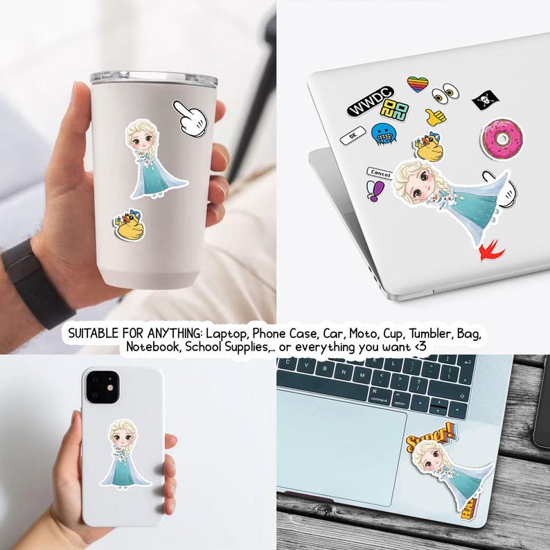 May include: A selection of stickers with cartoon characters and symbols. The stickers are displayed on a laptop, phone, and a tumbler. The stickers include a cartoon princess in a blue dress, a Mickey Mouse hand, and other colorful designs.