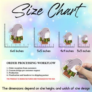 May include: Size chart showing sticker sizes: 6x6 inches, 5x5 inches, 4x4 inches, and 3x3 inches. Each sticker features a cartoon shark wearing a grass skirt. The image also includes the order processing workflow.