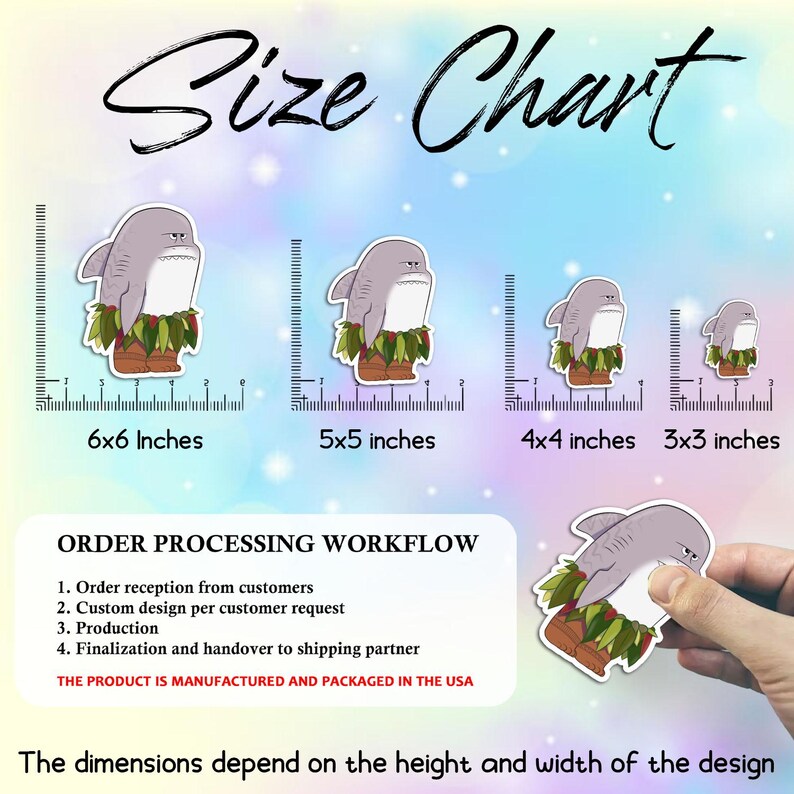 May include: Size chart showing sticker sizes: 6x6 inches, 5x5 inches, 4x4 inches, and 3x3 inches. Each sticker features a cartoon shark wearing a grass skirt. The image also includes the order processing workflow.