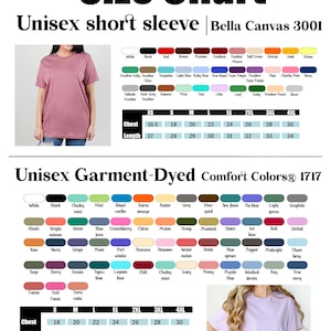 Puede incluir: Tabla de tallas para camisetas unisex de manga corta Bella Canvas 3001 y unisex te&ntilde;idas con tintes para prendas Comfort Colors 1717. Incluye medidas de pecho y largo en cm para tallas XS a 4XL. Tambi&eacute;n se muestran muestras de color.