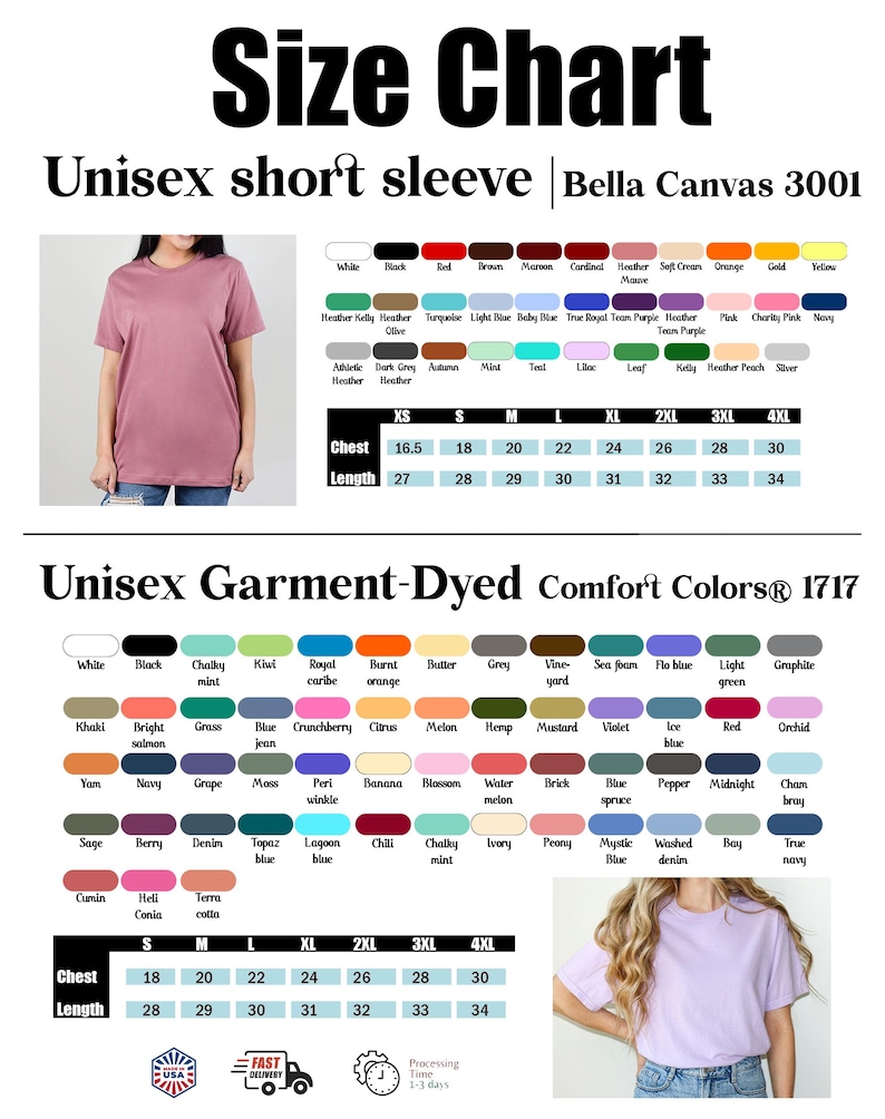 Puede incluir: Tabla de tallas para camisetas unisex de manga corta Bella Canvas 3001 y unisex te&ntilde;idas con tintes para prendas Comfort Colors 1717. Incluye medidas de pecho y largo en cm para tallas XS a 4XL. Tambi&eacute;n se muestran muestras de color.