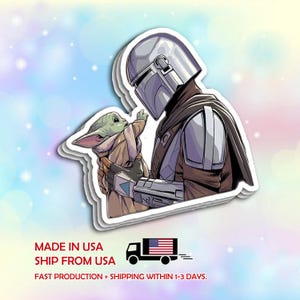 May include: A sticker featuring a detailed illustration of The Mandalorian and Grogu. The Mandalorian, in silver armor, looks down at Grogu, who is reaching up. The background is a soft blend of pastel colors. The sticker has a white border.