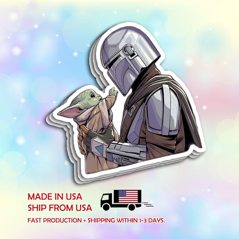 May include: A sticker featuring a detailed illustration of The Mandalorian and Grogu. The Mandalorian, in silver armor, looks down at Grogu, who is reaching up. The background is a soft blend of pastel colors. The sticker has a white border.