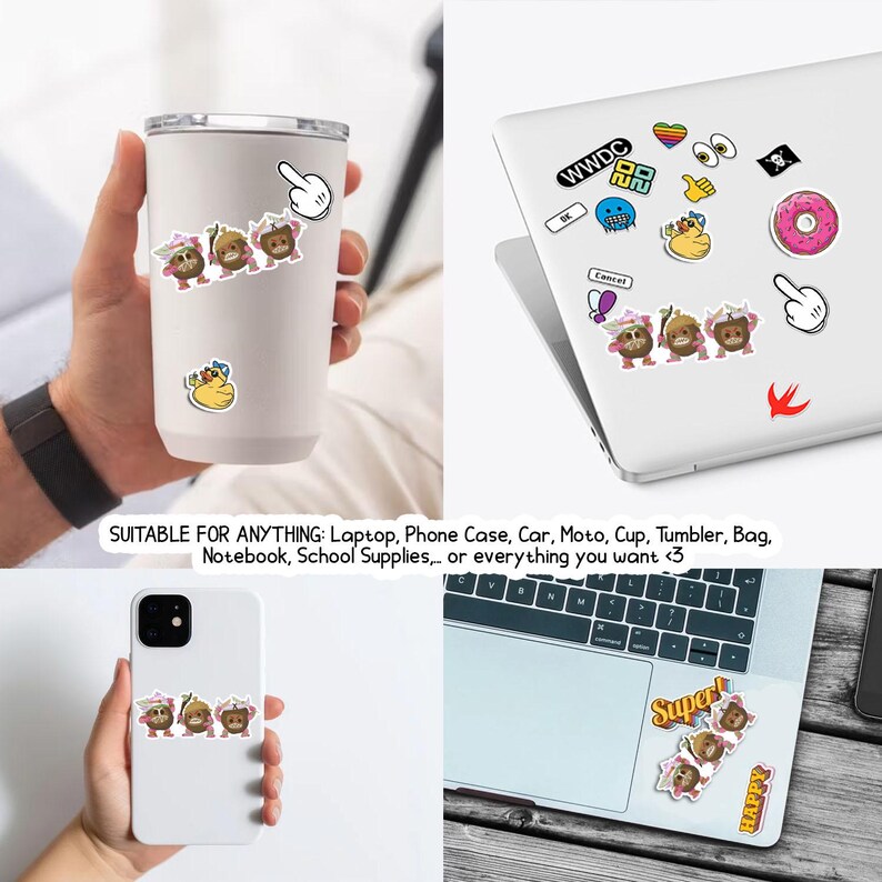 Op de afbeelding: De afbeelding toont verschillende stickers met cartoonfiguren en andere ontwerpen. De stickers worden getoond op een witte beker, een laptop en een smartphone. De tekst "SUITABLE FOR ANYTHING" is zichtbaar.