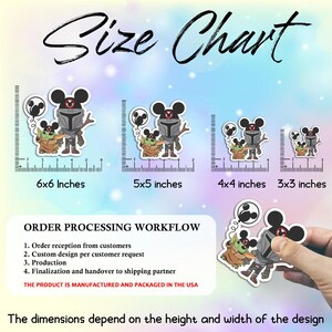 May include: A size chart for stickers featuring a cartoon character in a helmet and a small green creature, both with mouse-ear silhouettes. The chart displays four sizes: 6x6, 5x5, 4x4, and 3x3 inches, alongside an order processing workflow text.