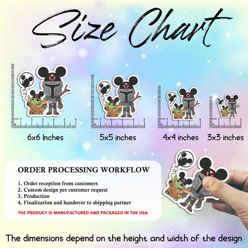 May include: A size chart for stickers featuring a cartoon character in a helmet and a small green creature, both with mouse-ear silhouettes. The chart displays four sizes: 6x6, 5x5, 4x4, and 3x3 inches, alongside an order processing workflow text.
