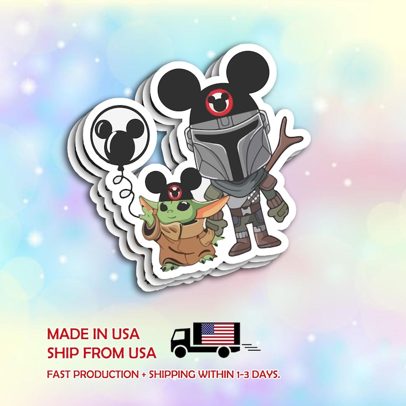 May include: A die-cut sticker featuring a cartoon-style armored character and a small green creature, both wearing black Mickey Mouse ear hats. The armored character carries a staff, and the green creature holds a black Mickey Mouse balloon.