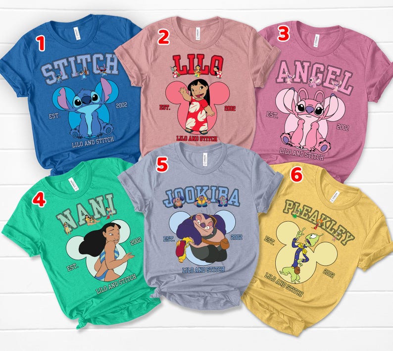May include: A collection of six short-sleeved t-shirts featuring characters from the animated film "Lilo & Stitch." Each shirt displays a different character's name in a collegiate font, along with an image of the character and the text "Lilo and Stitch."