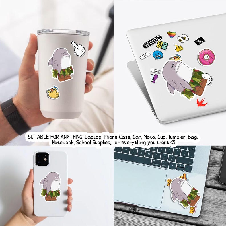 May include: A variety of stickers featuring a cartoon shark wearing a grass skirt. The stickers are shown on a white tumbler, a laptop, and a phone. Other stickers include a duck, a pointing hand, and a donut.