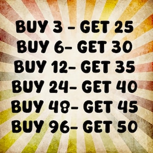 Puede incluir: Gr&aacute;fico de texto sobre un fondo de estilo vintage con rayas radiales. El texto dice "COMPRA 3 - OBT&Eacute;N 25", "COMPRA 6 - OBT&Eacute;N 30", "COMPRA 12 - OBT&Eacute;N 35", "COMPRA 24 - OBT&Eacute;N 40", "COMPRA 48 - OBT&Eacute;N 45" y "COMPRA 96 - OBT&Eacute;N 50".