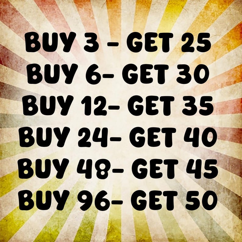 Puede incluir: Gr&aacute;fico de texto sobre un fondo de estilo vintage con rayas radiales. El texto dice "COMPRA 3 - OBT&Eacute;N 25", "COMPRA 6 - OBT&Eacute;N 30", "COMPRA 12 - OBT&Eacute;N 35", "COMPRA 24 - OBT&Eacute;N 40", "COMPRA 48 - OBT&Eacute;N 45" y "COMPRA 96 - OBT&Eacute;N 50".