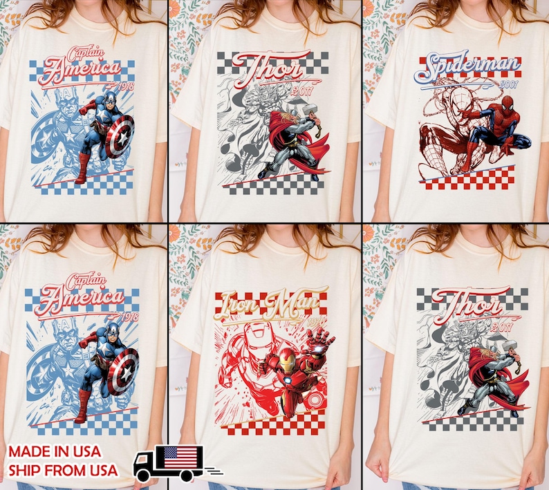 May include: A collection of off-white t-shirts featuring Marvel comic book characters including Captain America, Thor, Spider-Man, and Iron Man. Each shirt displays a graphic print with the character name, year, and a checkered border design.