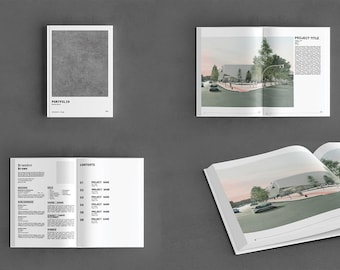 Può includere: Layout di portfolio con copertina grigia e la parola "PORTFOLIO" in testo nero. Due libri aperti mostrano rendering architettonici e una pagina dei contenuti. Il layout è su sfondo grigio.