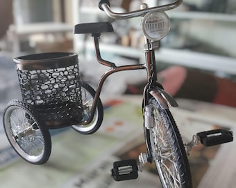 Miniature Metal Tricycle with Basket Decor | Handmade Scrap Metal Art | Vintage Bronze Patina | Unique Desk Ornament | Rustic Bicycle Gift