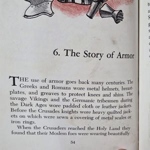 Puede incluir: P&aacute;gina de libro abierta con el t&iacute;tulo "6. La historia de la armadura" y texto que trata sobre la historia de la armadura, incluidos cascos, petos y cota de malla. La p&aacute;gina tiene ilustraciones de armaduras.