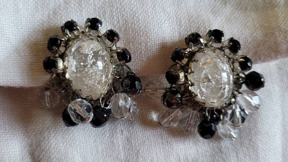 Vintage Jeray Earrings clip black white confetti … - image 1