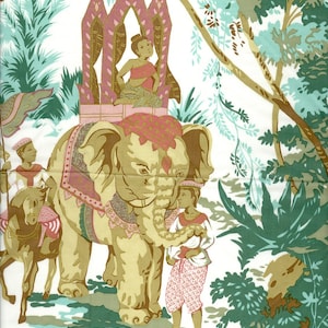 Jim Thompson Elephant Signed scarf Hankie Pink green jungle gold pillow cover wall frame art