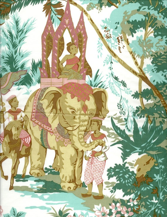 Jim Thompson Elephant Signed scarf Hankie Pink green jungle gold pillow cover wall frame art