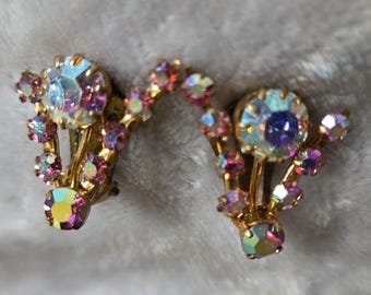 Pink AB Rhinestone Earrings Clip on  prong goldtone