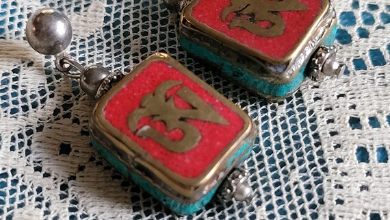 Intriguing Earrings turquoise red pierced tribal … - image 2