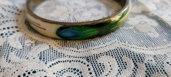 Peacock Enamel Bangle Bracelet blue cream vintage - image 3