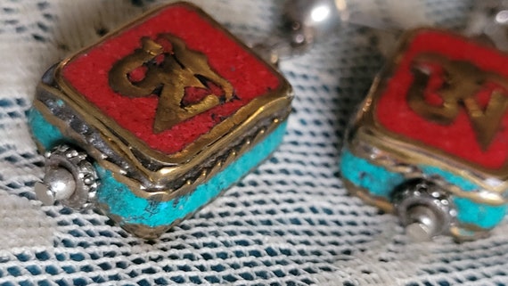 Intriguing Earrings turquoise red pierced tribal … - image 1