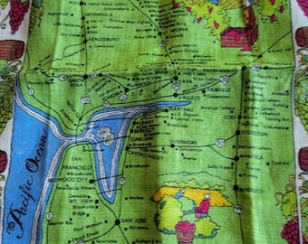 Wines of N. California Map Vintage tea Towel Linen Kay Dee map green