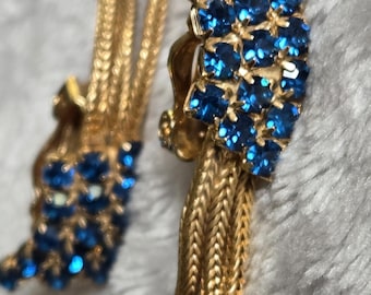 Royal Blue Earrings Rhinestones Clip foxtail tassel