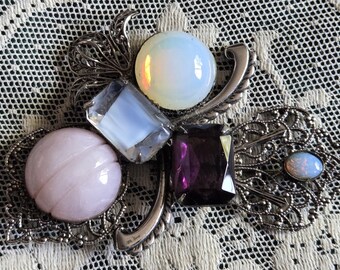 Gran broche vintage de filigrana de cuarzo rosa