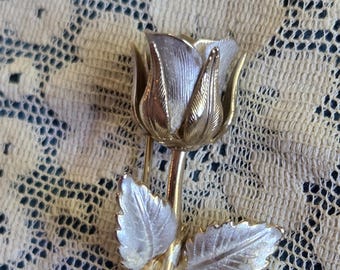 Single Rose Pin Vintage Single Stem Rose Brooch: Gold and Silver Tone Flower Pin - Etsy