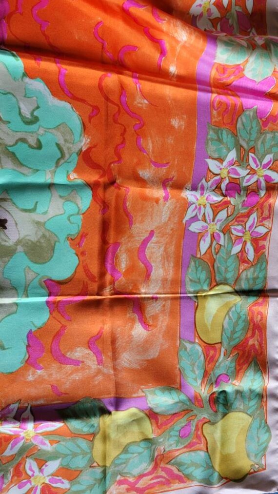 Louis Feraud Scarf Floral Silk Border Striped Pink Orange 30 Made in France