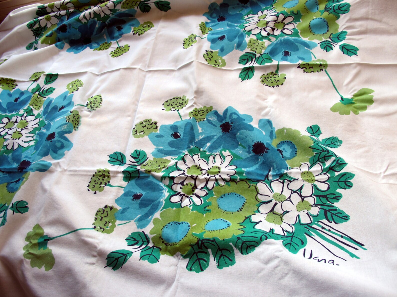 Vintage Vera Tablecloth Turquoise Blue White Floral 58 Etsy