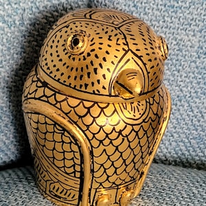 Small Owl Burmese Jar Lacquer black gold handpainted vintage