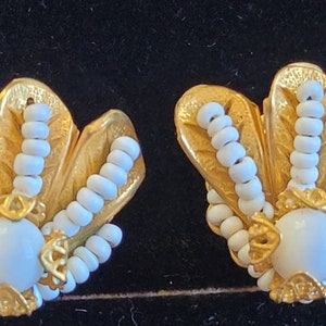 Miriam Haskell Earrings Signed clip milk glass