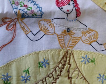Pair Embroidered Pillowcases Girl mid century cotton