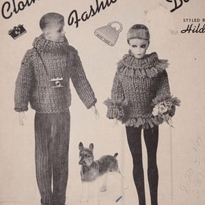 May include: Vintage black and white image of a doll fashion pattern book cover. The cover features two dolls wearing hand-knitted outfits, a dog, and illustrations of accessories. Text reads "Clothes for Fashion Model Dolls" and "Simple Instructions for Hand Knitted Garments."