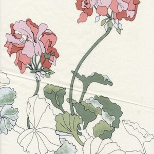 May include: Floral illustration featuring two geranium flowers in shades of pink and red, with green stems and leaves. The design is set against a cream-colored background, creating a vintage aesthetic.