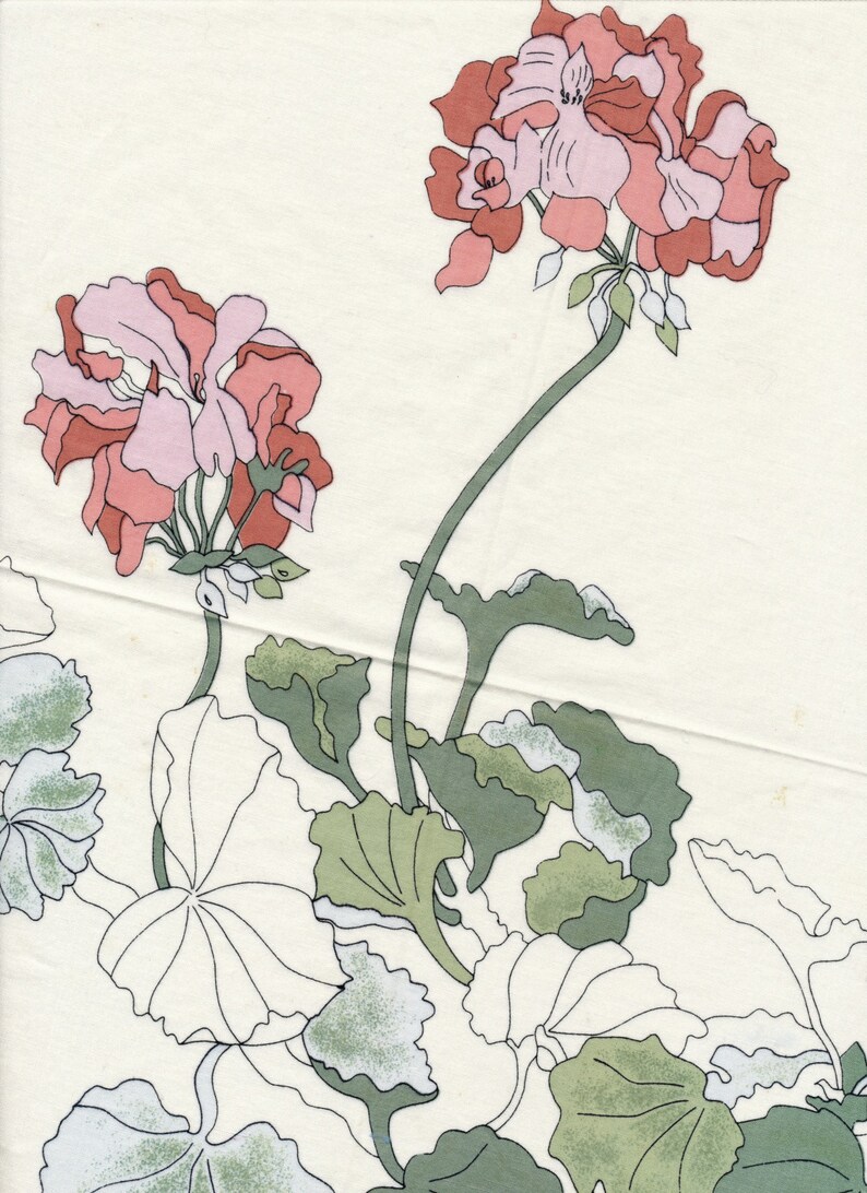 May include: Floral illustration featuring two geranium flowers in shades of pink and red, with green stems and leaves. The design is set against a cream-colored background, creating a vintage aesthetic.