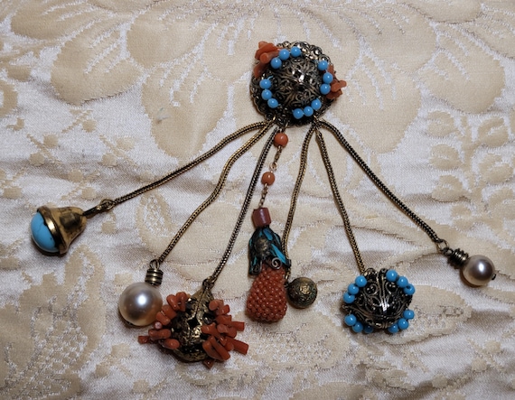 Amazing Rare Adele Simpson Brooch Chatelane coral… - image 1