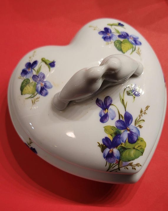 Violets Heart Birds Trinket Box Limoges France porcelain china