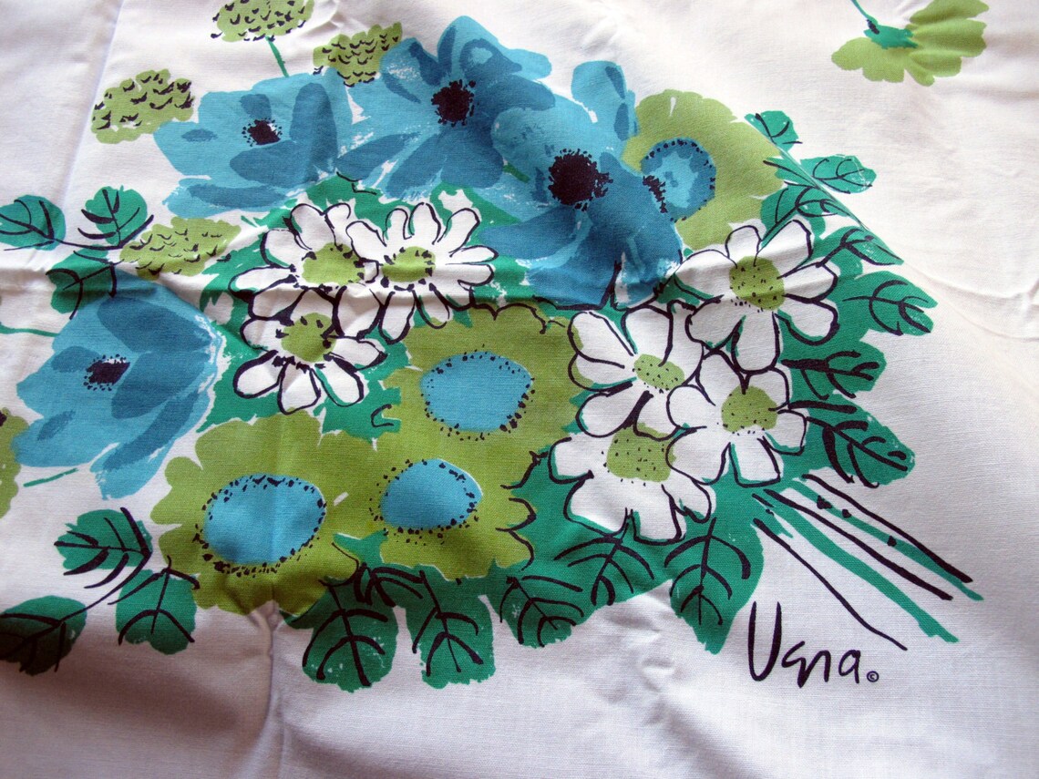 Vintage Vera Tablecloth Turquoise Blue White Floral 58 Etsy