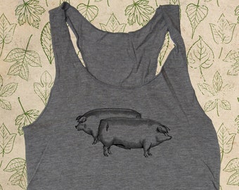 Organic Womens Racerback Tank Womens Pigs Piglets Hogs Farm T Shirt Top Tee Racerback - Made in USA Organic Farm Tshirt - Gift Friendly