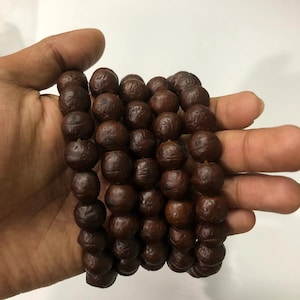 May include: A string of dark brown, spherical beads. The beads are held in a hand, highlighting their texture and colour. The beads appear to be made of a natural material, possibly wood or seeds, and are strung together.