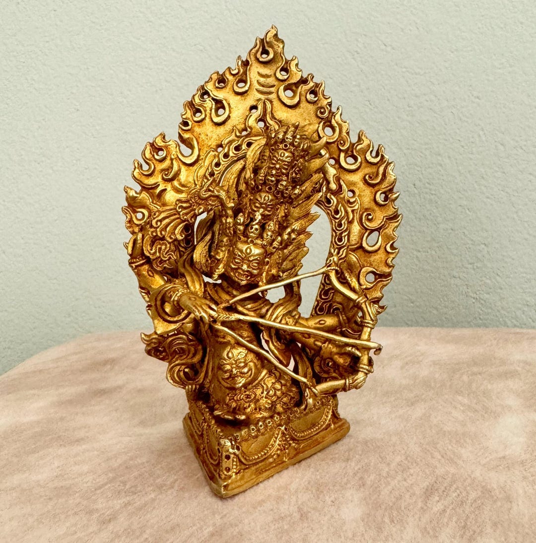 Gold Plated Rahula Statue: Dharma Protector With Prayer Flag - Etsy